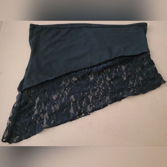 Strapless Black Lace Bandeau Crop Tube Top Asymmetrical Hem - Women's Size Large - Picture 8 of 9